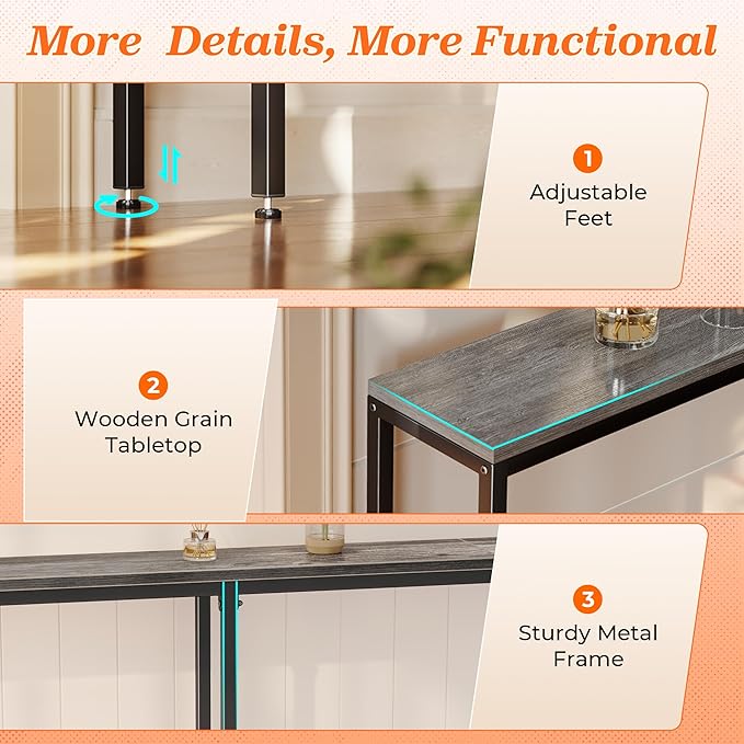 SUPERJARE 102.4 Inch Sofa Table with Power Outlets and USB-C Port, 5.9 Inch Narrow Console Tables, Entryway Hallway Couch Tables with Storage, Behind Sofa, Small Spaces, Living Room, Grey