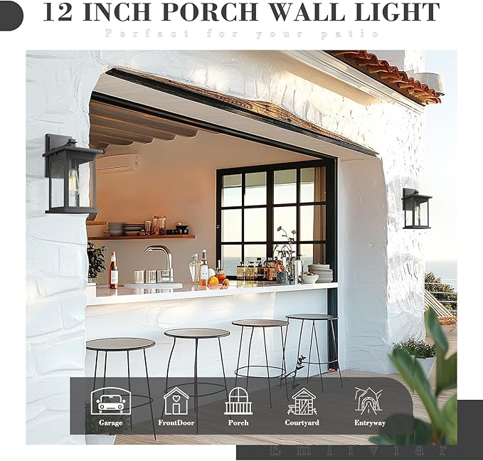 Emliviar Outdoor Wall Mount Lights 2 Pack, 1-Light Exterior Sconces Lantern in Black Finish with Clear Seeded Glass, OS-1803EW1-2PK