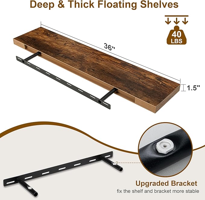 Fun Memories Floating Shelves for Wall, 36Inch Floating Shelves Set of 2, Hanging Shelf with Invisible Brackets, Bathroom Shelves for Living Room, Bedroom, Kitchen- Brown