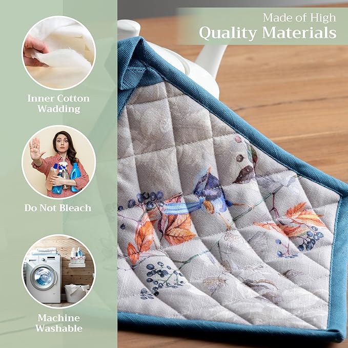 Maison d' Hermine Pot Holders Set 100% Cotton Heat Resistant Potholders 8" x 8" Hot Pads with Loop for Thanksgiving Christmas Decorations BBQ Baking Handling Hot Pans (Pack of 2, Equinoxe - Grey)