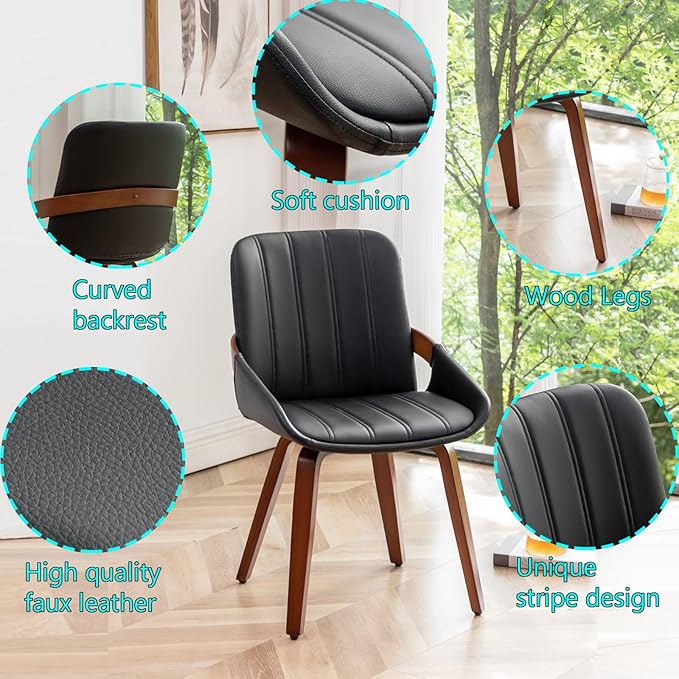 Mid Century Modern Faux Leather Upholstered Dining Chairs,Armless Accent Chairs with Sturdy Natural Wood Legs,Bamboo Backrest Support for Kitchen&Dining Room Chairs(Set of 2,Black PU)