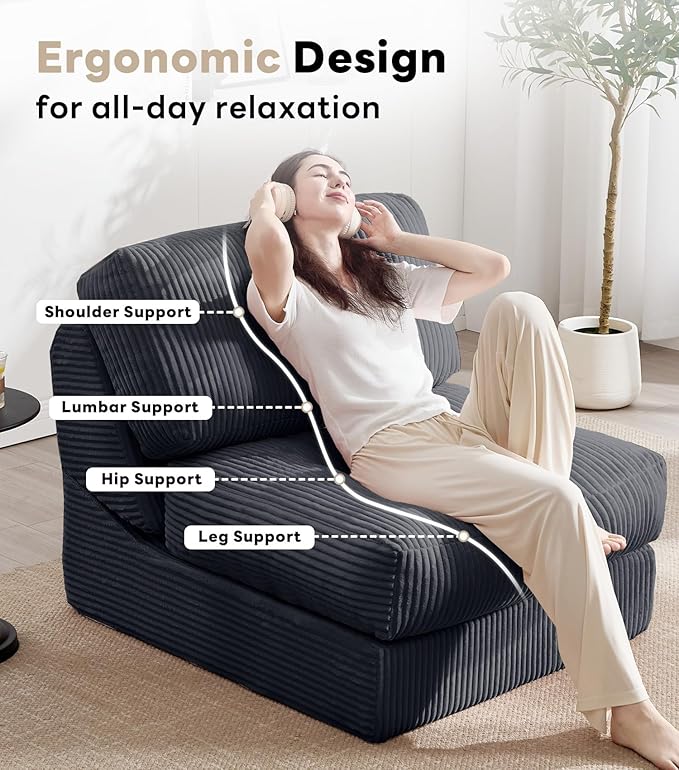 Tbfit 35.8‘’ Oversized Folding Sofa Bed, Convertible Sleeper Chair with Adjustable Back, Corduroy Folding Couch Bed, Portable & Foldable Boneless Floor Sofa for Living Room, Bedroom, Dark Grey