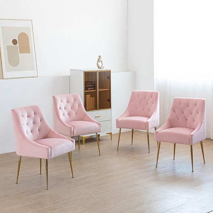 Modern Dining Chairs Set of 2, Mid Century Dining Chairs with 5.12” Cushions and Golden Legs, Velvet Upholstered with Back Pull Rod, for Kitchen, Living Room (Pink)