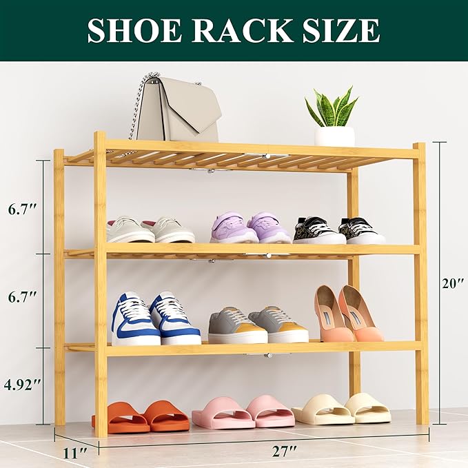 Smiry Shoe Rack, 3 Tier Thick Bamboo Shoe Organizer, Stackable Free Standing Wooden Shoe Storage Shelf for Closet, Entryway, Front Door Entrance, Natural