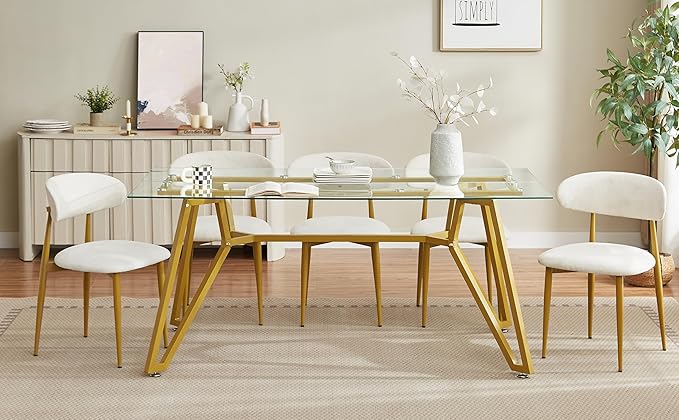 71 inch Glass Dining Table for 4 6 8, Modern Rectangular Kitchen Table and Table Runner, Clear Tempered Glass Tabletop and Gold Metal Legs Dining Room Dinner Table for Kitchen,Living Room, Offices