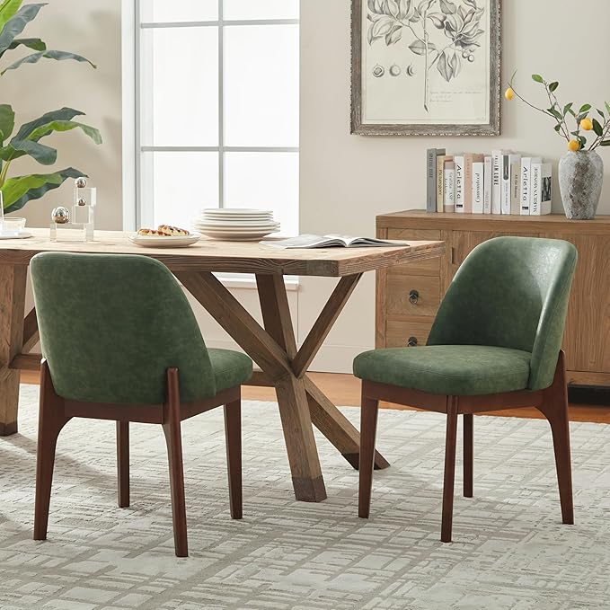 VKNOW Modern Dining Chairs Set of 2, Faux Leather Kitchen Chairs with Wood Legs, Upholstered Side Chair for Kitchen Dining Room, Green