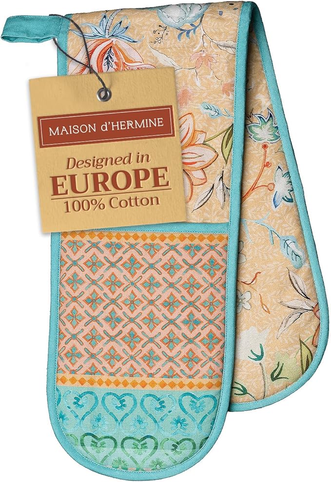 Maison d' Hermine Double Oven Mitts 100% Cotton 7"x35" Double Oven Mitt Heat Resistant BBQ Cooking Gloves with Loop, Baking, Grilling, Kitchen, Handling Hot Pans Spring Summer (Luxury Loft – Peach)