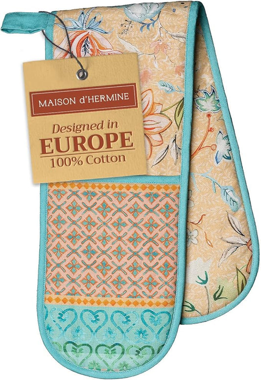 Maison d' Hermine Double Oven Mitts 100% Cotton 7"x35" Double Oven Mitt Heat Resistant BBQ Cooking Gloves with Loop, Baking, Grilling, Kitchen, Handling Hot Pans Spring Summer (Luxury Loft – Peach)