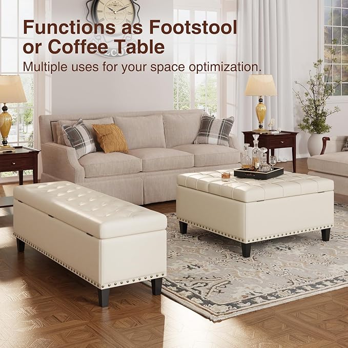 Storage Ottoman Bench,51-Inch Large Storage Bench for Bedroom End of Bed, 30 Gallons Faux Leather Ottoman with Storage for Bedroom, Living Room, Entryway, Cream White