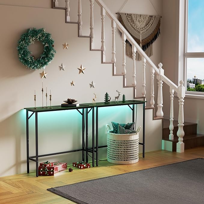 Narrow Console Table with Led Light and Charging Station，29.5" Small Entryway Table，Display Table，Entryway Hallway Thin Sofa Table Behind Sofa, Small Spaces, Living Room, Green and Black
