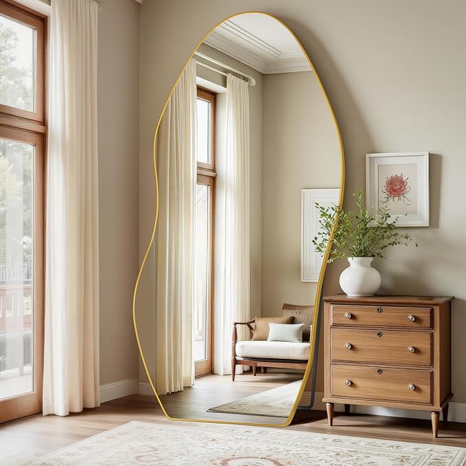 Antok Full Length Mirror, 81"x41" Floor Mirror with Stand, Standing Hanging Leaning Irregular Mirrors for Bedroom Living Room Entryway, Wavy Shaped, Golden