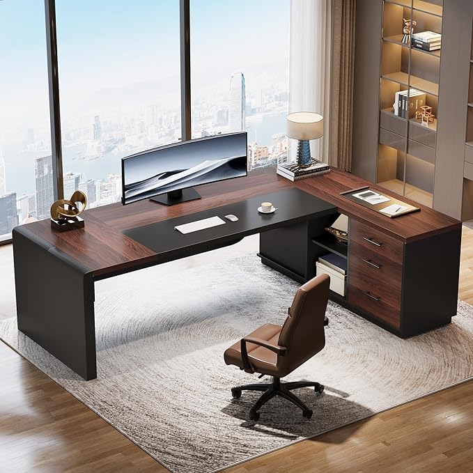 Tribesigns 80'' L-Shaped Desk, Large Executive Office Desk with 55'' Drawers Cabinet, Modern Computer Table with Storage Shelves, Business Furniture for Home Office, Walnut & Black