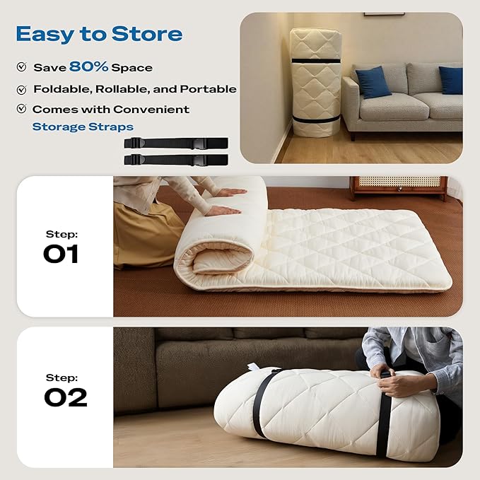 Aircliff Japanese Floor Futon Mattress Queen Size, Roll Up Tatami Mat, Sleeping Pad, Shikibuton, CertiPUR-US Certified Foam Floor Bed Mattress for Sleeping, Dormitory, Guest Bed, Designed in Japan
