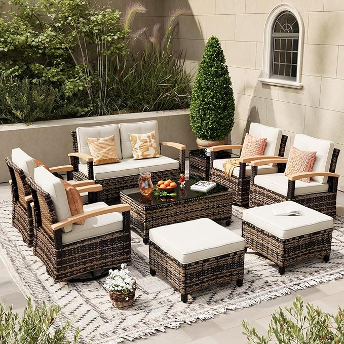 MEISSALIVVE 10 Pieces Outdoor Patio Furniture Sets,PE Wicker Patio Conversation Sets with 4 Wood Armrests Swivel Rocker Chairs，2-seat Sofa and Coffee Table(Brown)