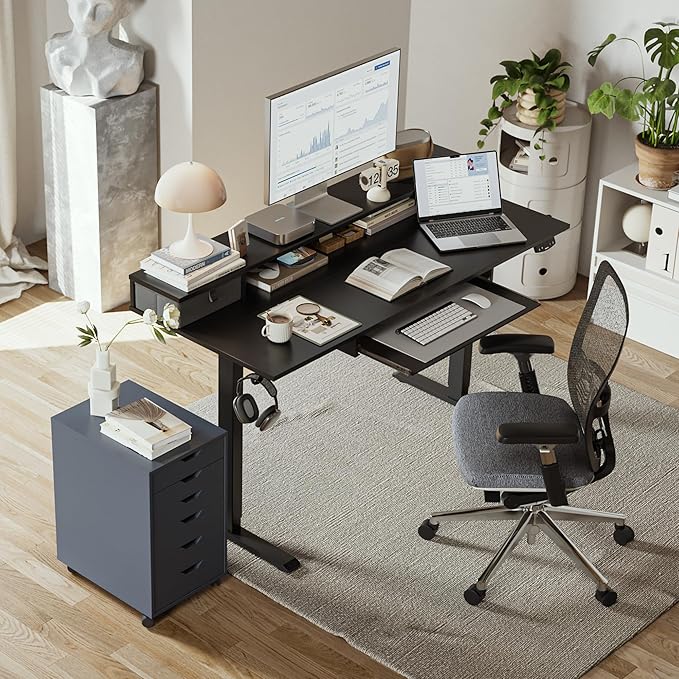 Agilestic Electric Standing Desk with 2 Drawers and Keyboard Tray, 55 x 24 Inches Ergonomic Adjustable Height Desk with Storage, Sit Stand up Desk Computer Workstation, Black