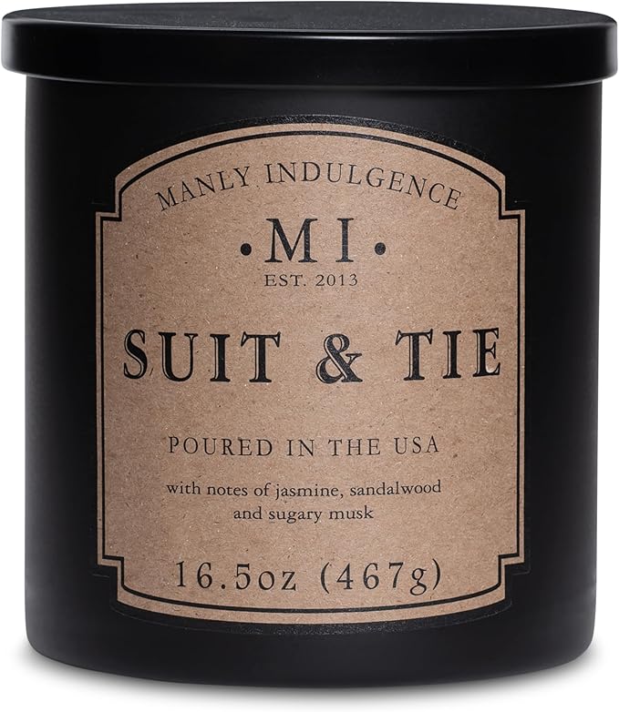 Manly Indulgence Suit & Tie Scented Candles for Men, 16.5 oz Single Wick, Premium Soy Blend Wax, 60H Burn, Candles for Home Scented – Made in The USA