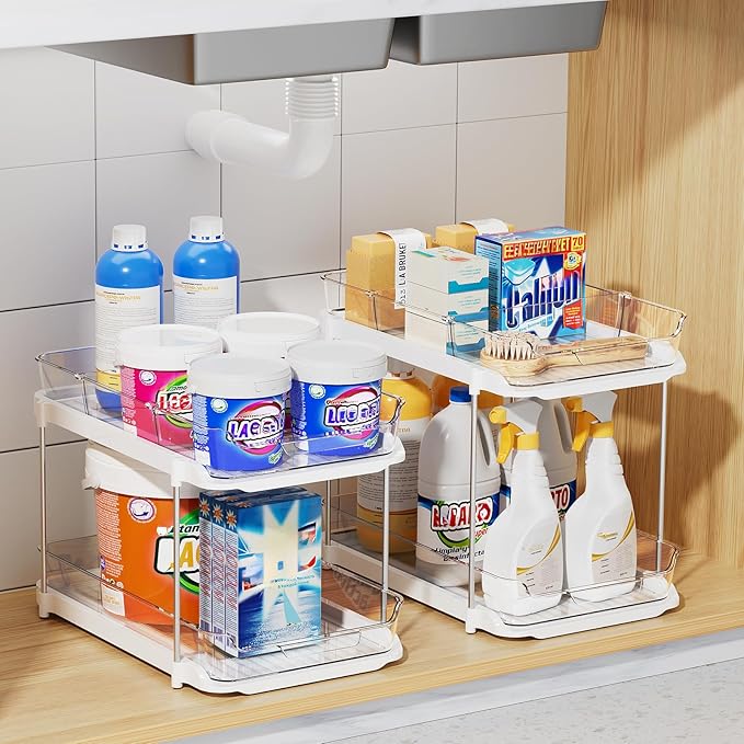 Delamu 4 Pack 2-Tier Bathroom Under Sink Organizers and Storage, Multi-Purpose Stackable Pantry Organization and Storage, Pull Out Clear Kitchen Bathroom Cabinet Organizer with Movable Dividers, White