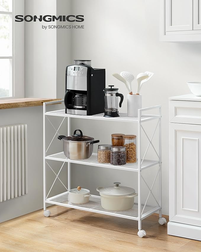 SONGMICS 3-Tier Metal Storage Rack with Wheels, Mesh Shelving Unit with X Side Frames, 31.5-Inch Width, for Entryway, Kitchen, Living Room, Bathroom, Industrial Style, White UBSC183W01