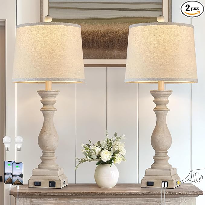 28" Farmhouse Table Lamps Set of 2 with USB C+A Ports and AC Outlet, 3 Way Touch Tall Vintage Bedside Lamp for Living Room, Beige Rustic Nightstand Lamp for Bedroom Office