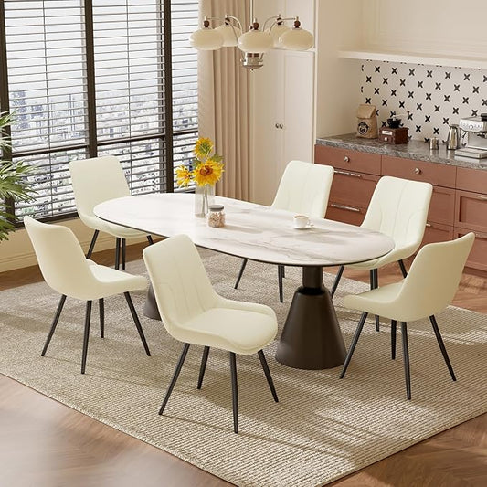 Upholstered Dining Chairs Set of 6, Modern Faux Leather Dining Room Chairs with Thick Cushion and Metal Legs, Kitchen Chairs with Back for Dining Room, Cream