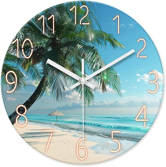 XFM Large Beach Wall Clock Silent Non-Ticking Battery Operated Clocks 24 Inch Blue Ocean Tropical Palm Tree Wall Clock Decorative for Living Room Kitchen Bedroom Office