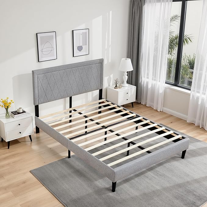Hokway Bed Frame Upholstered Platform Bed with Headboard Wooden Slat Support No Box Spring Needed(Full, Light Gray)