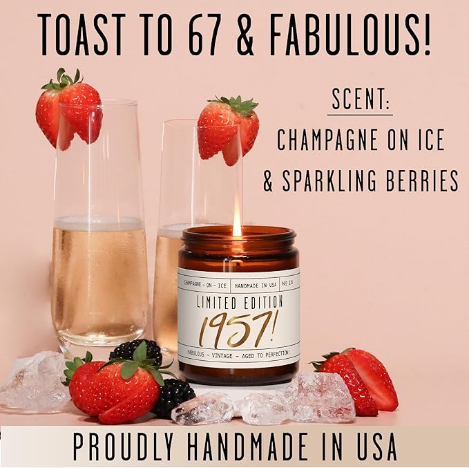 67th Birthday Gifts for Women - 'Limited Edition 1957' Soy Candle, w/Champagne on Ice I 67 Birthday Gifts for Women I 67th Birthday Gift for Her Ideas I 9oz Reusable Jar, 50Hr Burn, Made in USA