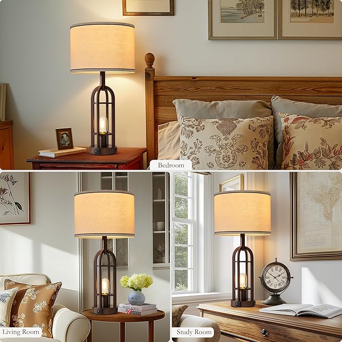 Farmhouse Table Lamps for Living Room Bedroom Set of 2 - Rustic Industrial Bedside Lamps for Night Stands with USB A+C, 24" Vintage Nightstand Lamp with Night Light, Bulbs Included