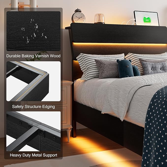Floating Bed Frame Twin Size with Led Headboard and Charging Station, Metal Platform Bed Base with Storage, Remote Control, Heavy Slats Support, No Box Spring Needed, Noise Free, Black