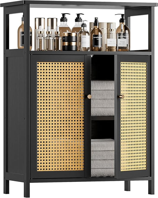 HITNET Bamboo Floor Cabinet, Bathroom Storage Cabinet with 2 Rattan Doors and Shelves, Space Saving Freestanding Kitchen Cupboard, Black