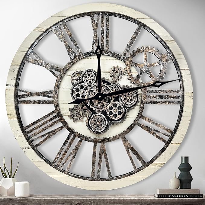 The B-Style Large Real Moving Gears Wall Clock 30 inch Rustic Retro Industrial Farmhouse Wood Clock Oversized Decorative Vintage Wall Clocks for Living Room (Desert Beige and Bronze)