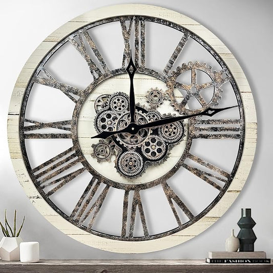 The B-Style Large Real Moving Gears Wall Clock 30 inch Rustic Retro Industrial Farmhouse Wood Clock Oversized Decorative Vintage Wall Clocks for Living Room (Desert Beige and Bronze)