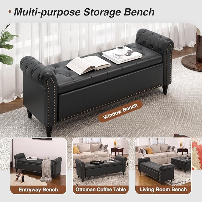 55 Inch Bedroom Bench, End of Bed Bench with Storage, Bed Benches for Foot of Bed, Faux Leather Window Bench with Rolled Arms, Upholstered Storage Bench with Tufted Button and Nailhead Trim, Black