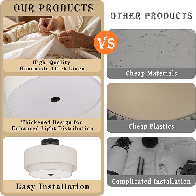 3 Light Semi Flush Mount Ceiling Light Fixture 15.7 Inch Modern Black Drum Ceiling Light Fixture with 2-Layer Fabric Shade Dimmable Close to Ceiling Light for Living Room Hallway Bedroom Entryway