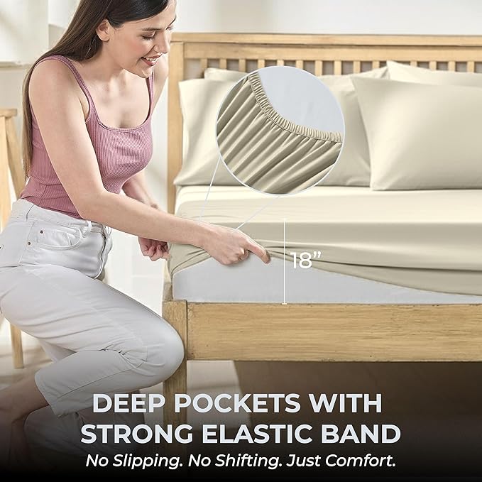 100% Natural Cotton Sheets Queen Size Bed Set | 500 TC Single-Ply Sateen Weave | Breathable & Hypoallergenic Solid 4-Piece Bedding with Deep Pocket Fitted, Flat, Pillowcase | Cream Beige