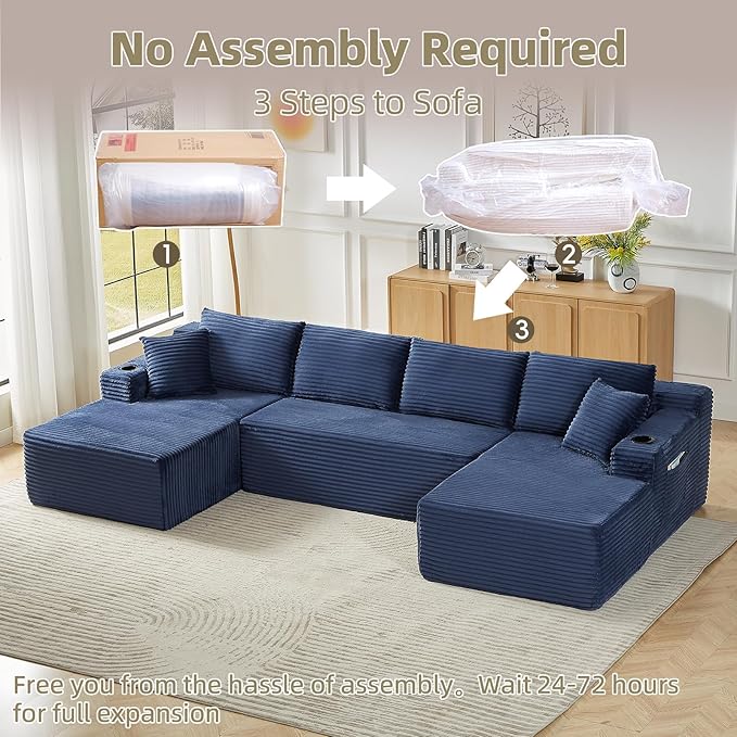 134 Inch Cloud Sectional Couch for Living Room,Corduroy Boneless Couches with Cup Holder,Modern Modular Sectional Sofa with Deep Seat,No Assembly Required (Blue, U-Shaped Sofa)