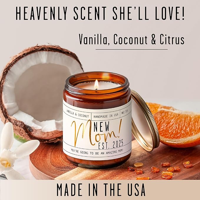 New Mom Gifts for New Mom Est. 2025 Candle, w/Coconut & Vanilla-Infused Essential Oils I Postpartum First Time Mommy Gifts I Push Presents I 50Hr Burn, USA Made