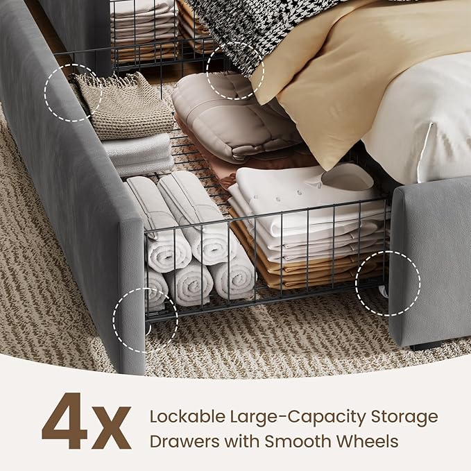 Queen Size Bed Frame with 4 Storage Drawers and LED, Adjustable Clouds Headborad, Velvet Upholstered Platform Queen Bed Frame with Charing Station, Wood Slats Support, No Box Spring Needed,Grey