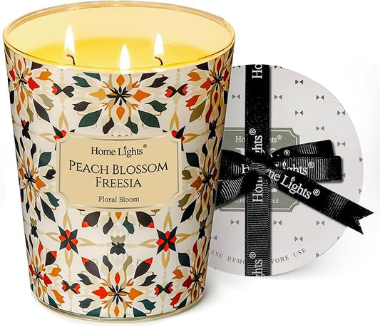 HomeLights 3-Wick Candles for Home Scented - 34oz Soy Wax Blend Candle Long-Lasting Fragrance, Bohemian Natural Textures Home Decor and Housewarming Gifts, Peach Blossom Freesia