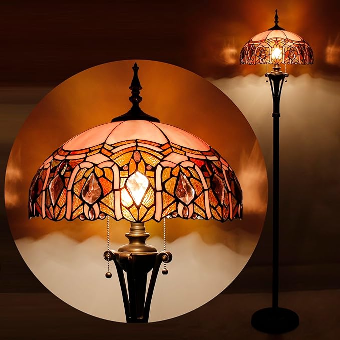 Tiffany Floor Lamp Pink Stained Glass Jewelry Standing Reading Light 16X16X70 Inches Antique Pole Corner Lamp Decor Bedroom Office Living Room