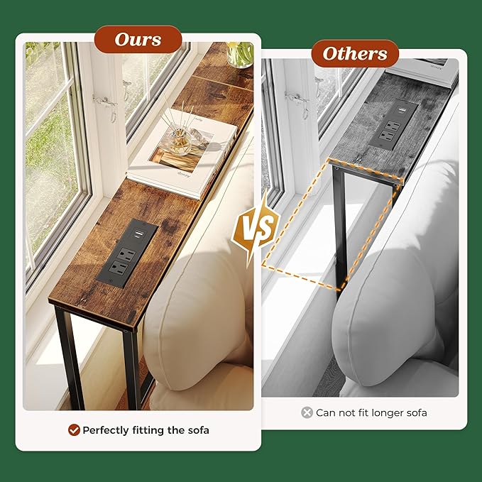 SUPERJARE 110.2 Inch Sofa Table with Power Outlets and USB-C Ports, 5.9 Inch Narrow Console Tables, Entryway Hallway Couch Tables with Storage, Behind Sofa, Small Spaces, Living Room, Rusitc Brown