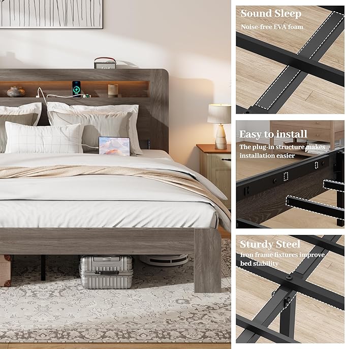 Wood Full Size Bed Frame with Headboard, Farmhouse Platform Bed Frame with Bookcase Shelf,LED Lights,Charging Station,Heavy Duty Supports,No Box Spring Needed,Dark Grey