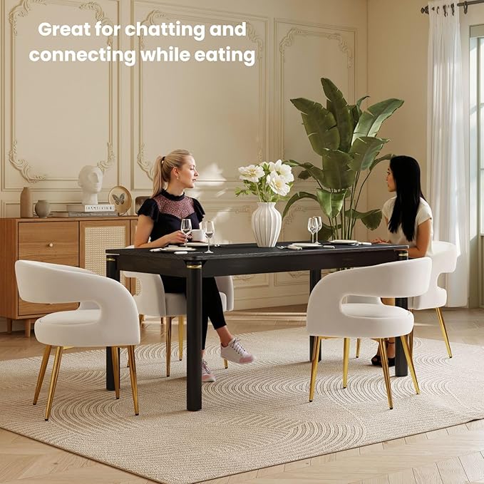 63" Dining Table for 4-6 People, Modern Farmhouse Rectangular Kitchen Table with Solid Wood Legs & Gold Trim, Large Long Dining Room Table for Living Room, Black (Table Only)