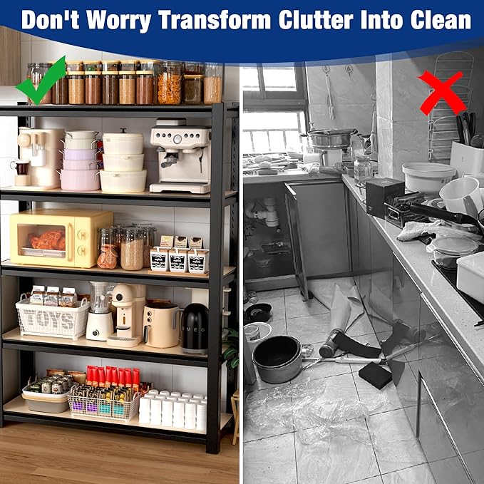 WORKPRO House 3000lbs 5-Tier Shelving Unit, 72" H Adjustable Storage Shelves, Boltless Book Shelf, Shelf Organizer for Kitchen, Living Room, Bathroom, Wood Grain Pattern, Waterproof Board, Black