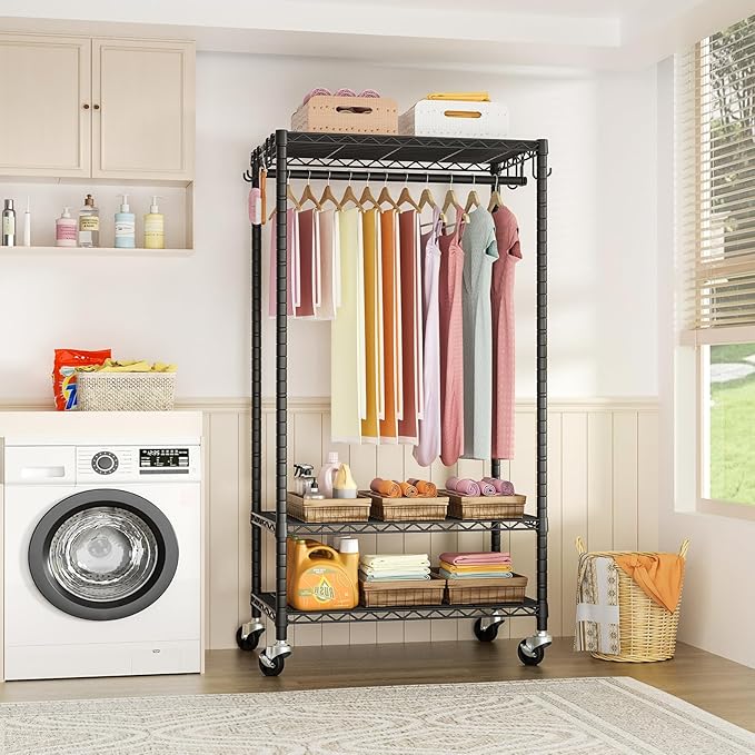 FUTASSI P6 Rolling Clothes Rack Heavy Duty, Clothing Racks for Hanging Clothes, Freestanding Garment Rack with Wheels, Portable Closet Rack Max Load 380 LBS, 35.5'' W x 14'' D x 74.6'' H, Black