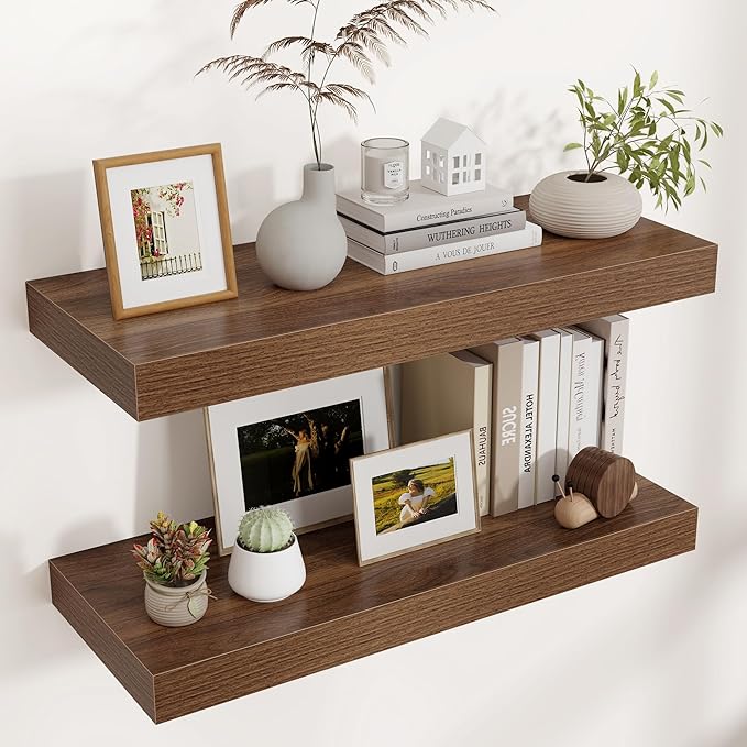 Floating Shelves for Wall, 30" W x 12" D x 2" H, 2 Pack of Long Wall Mounted Engineered Wood Shelves with Invisible Brackets for Living Room, Bedroom, Bathroom, Kitchen Decor, Walnut