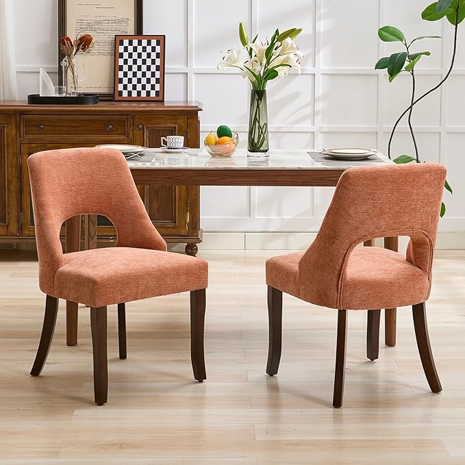 UVV Wooden Dining Chairs Set of 2, Mid Century Modern Upholstered Dining Room Chair Kitchen Chairs, Chenille Dinner Chair with Solid Wood Legs for Kitchen Dining Room, Orange-Chenille