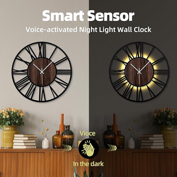 32 Inch Large Metal Wall Clock with Voice and Light Sensor Night Light, Glow in The Dark Non-Ticking Silent Battery Operated Decorative Oversized Wall Clock for Bedroom Living Room Decor