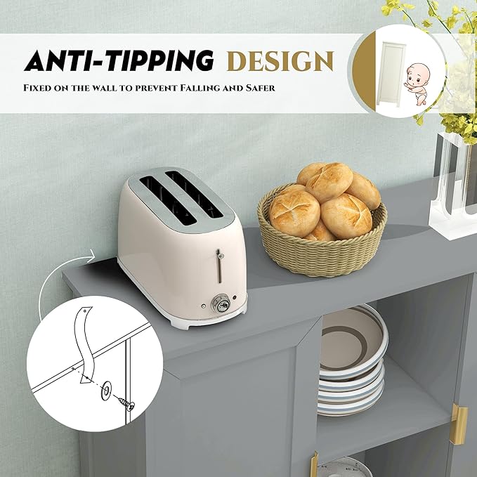 TaoHFE Grey Kitchen Pantry, Modern Wooden Small Credenza Sideboard Coffee Station, Storage Small Cabinet with Doors and Shelves for Kitchen