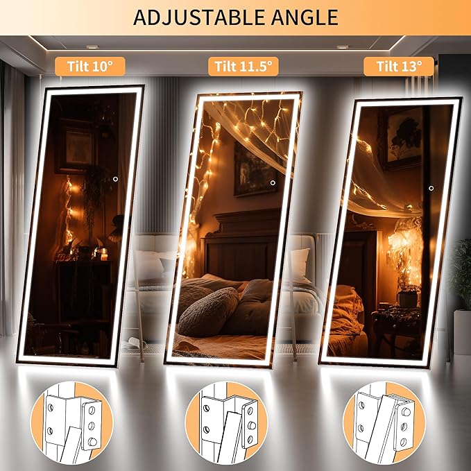 Hasipu Full Length Mirror with Lights, 67" x 24" LED Lighted Floor Standing, Full Body Dressing Hanging Mounted Mirror, Dimmable, Tempered Glass, Safe to Use, Square Black